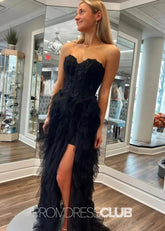 Hulda |Long Black Prom Dresses Websites With Mermaid Princess Strapless Beaded Lace Ruffle Tulle High Slit - Price #price_variant_lowest# - Black - PromDressClub